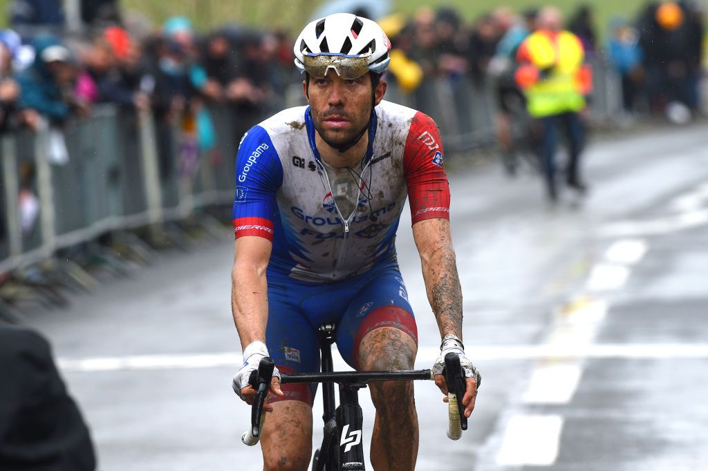 LA CHAPELLESAINTAUBIN FRANCE APRIL 08 Thibaut Pinot of France and Team Groupama FDJ crosses the finish line during the 68th Circuit Cycliste Sarthe Pays de la Loire 2022 Stage 4 a 1364km stage shortened due to bad weather conditions from La ChapelleSaintAubin to La ChapelleSaintAubin CircuitSarthe on April 08 2022 in La ChapelleSaintAubin France Photo by Dario BelingheriGetty Images