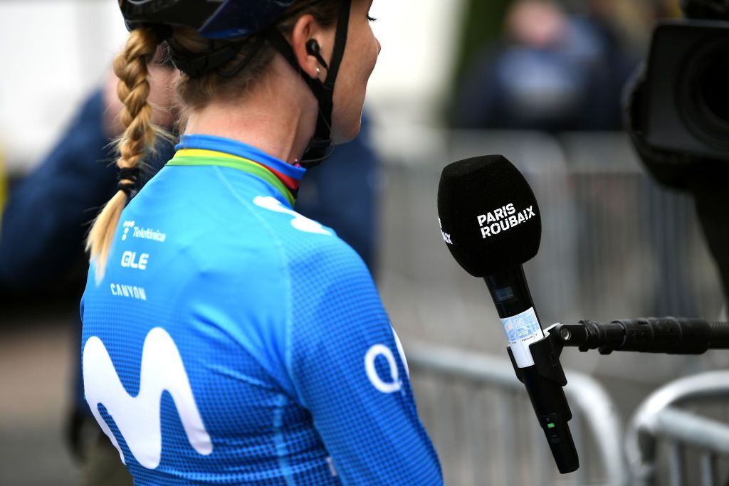 ROUBAIX FRANCE OCTOBER 02 Detailed view of Annemiek Van Vleuten of Netherlands and Movistar Team speaks to the media press prior to the 1st ParisRoubaix 2021 Womens Elite a 1164km race from Denain to Roubaix ParisRoubaixFemmes ParisRoubaix on October 02 2021 in Roubaix France Photo by Tim de WaeleGetty Images