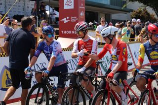 Simon Clark, Victor LaFay and Mattias Skjelmose on the start line. Riders seemed relaxed and excited to be racing in the US.