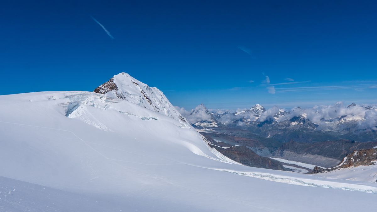 Monte rosa massiv or Dufourspitze in Swiss Alps. The Spaghetti Tour is a traverse of the Monte Rosa massif