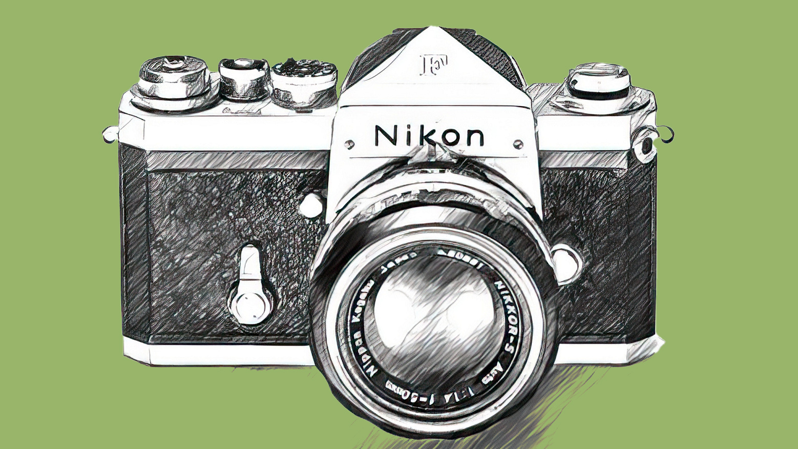 Drawing of a Nikon F SLR film camera