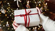 A person holding a white wrapped Christmas present with a red bow in front of a Christmas tree.