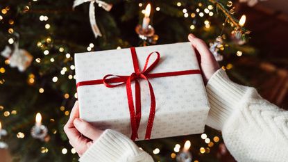 A person holding a white wrapped Christmas present with a red bow in front of a Christmas tree.
