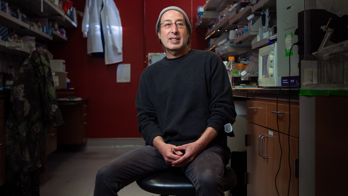 A researcher is shown sat on a black swivel computer chair. They have their hands crossed over their lap and are looking at the camera. They are wearing a black sweatshirt, dark grey jeans, glasses and a light-grey beanie. There is lab equipment in the background. 