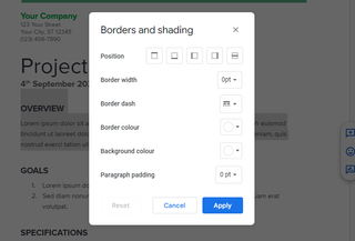A screenshot of a Google Doc with the Borders and Shading menu open.