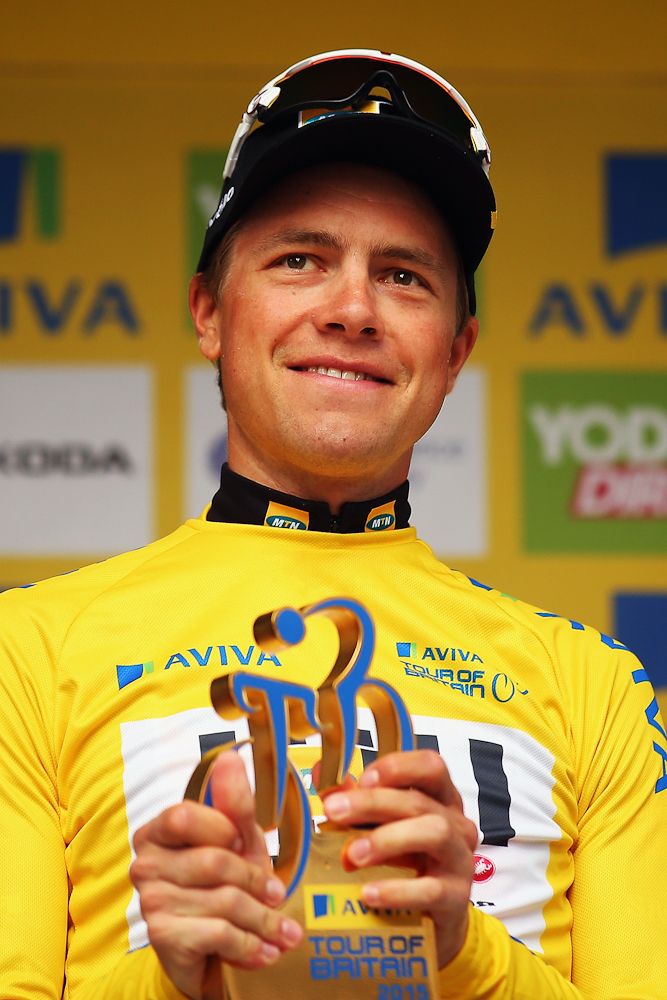 Edvald Boasson Hagen on the final podium at the Tour of Britain.