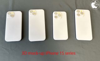 Dummy models of (left to right) the iPhone 15, iPhone 15 Plus, iPhone 15 Pro and iPhone 15 Pro Max