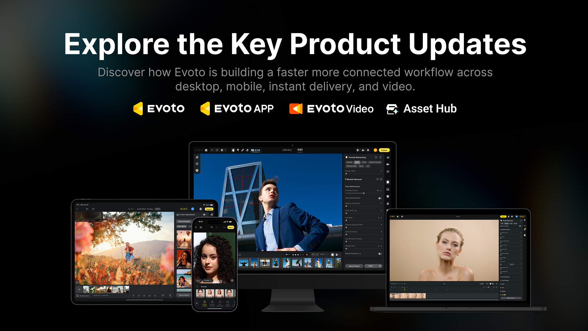 Evoto 8.0 update promotional image showing key product updates 