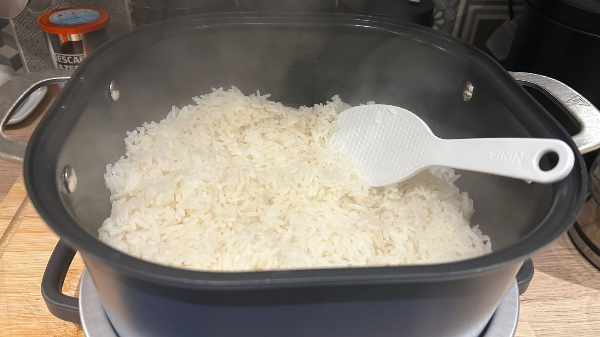 Cooked white rice in Ninja Foodi PossibleCooker