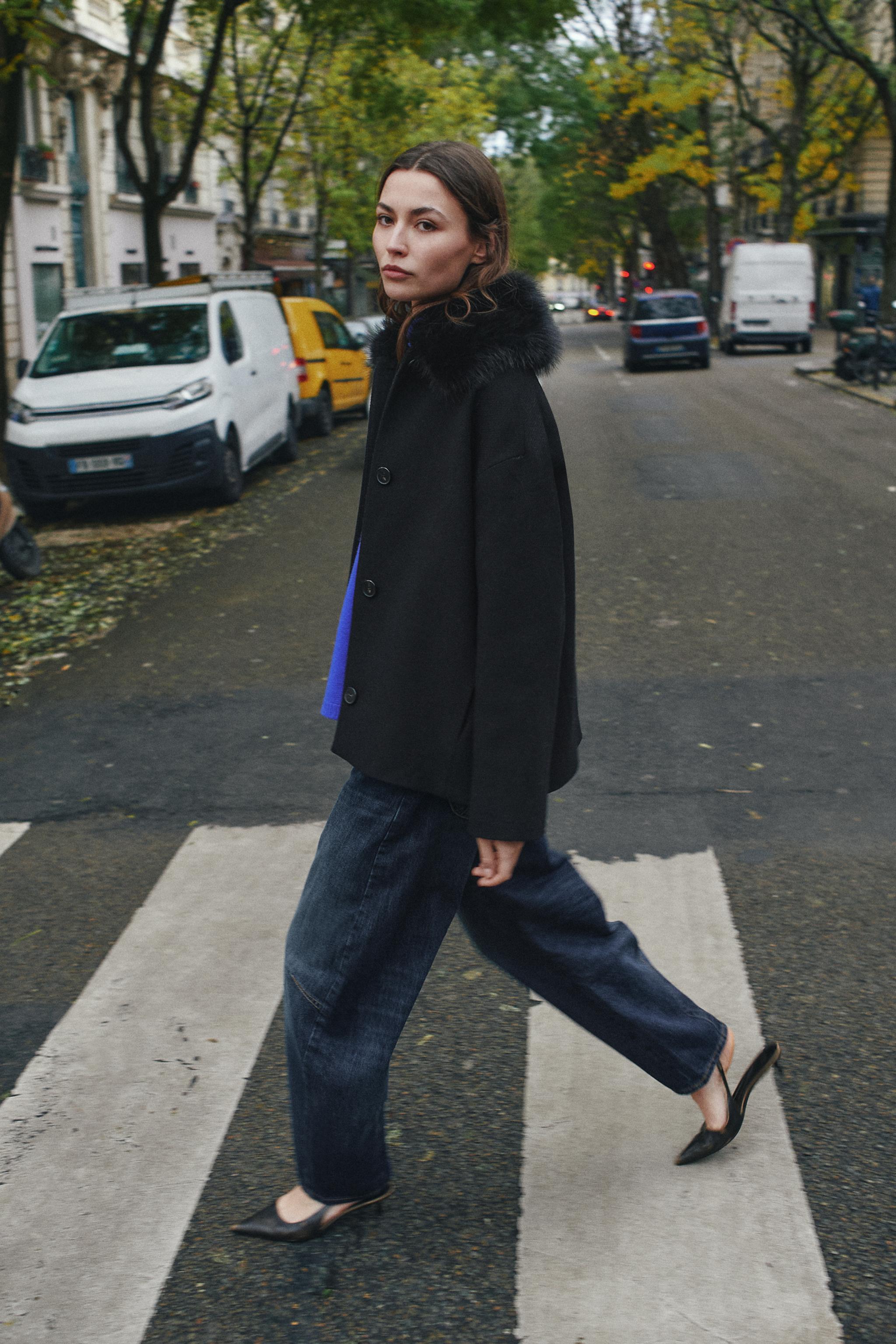 Short Wool Coat With Faux Fur Lapel