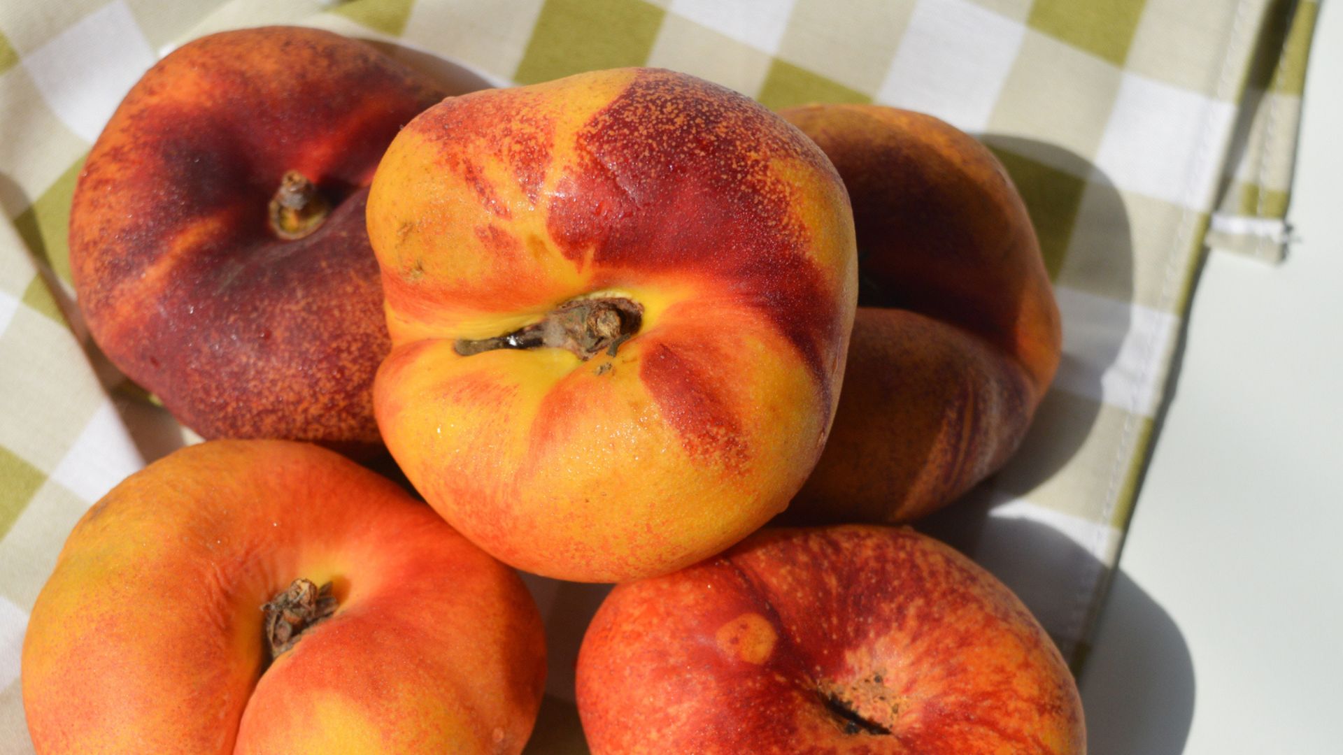 Collection of flat peaches bunched together on checked tablecloth