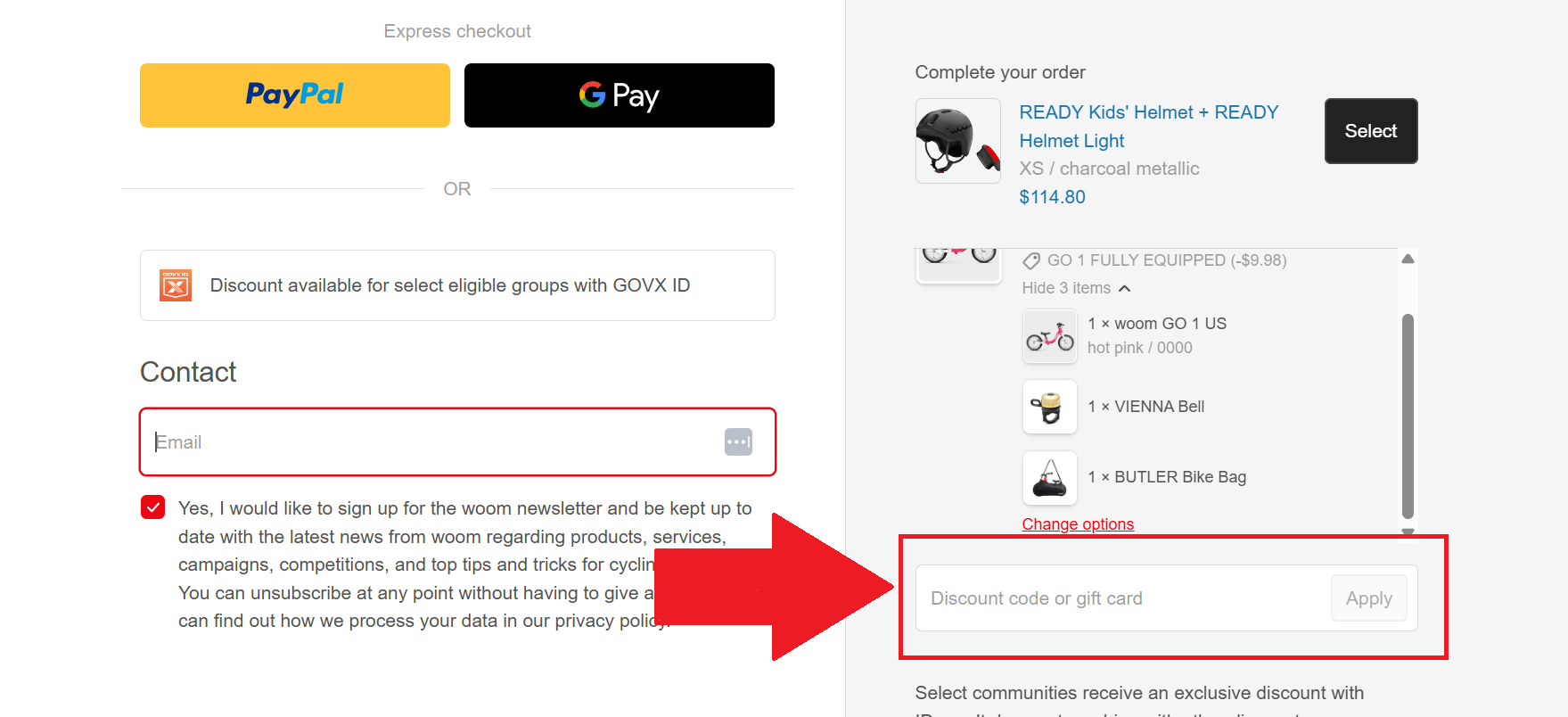 A screenshot of the woom checkout page showing where to enter a woom promo code