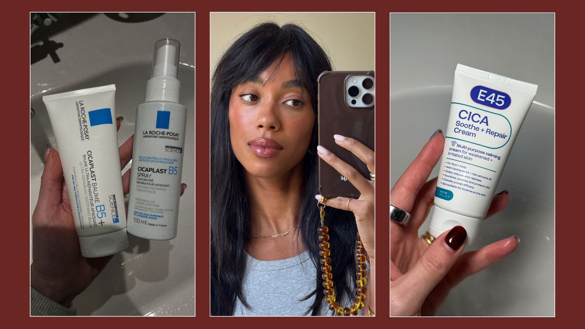 A collage of skincare barrier products and a woman taking a mirror selfie with glowing skin