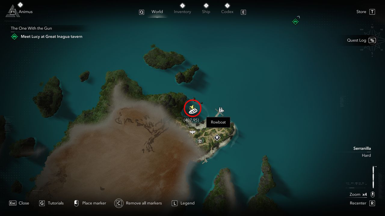 Black Flag treasure maps: A screenshot of the map with a red circle showing the location of the buried treasure chest in New Bone.
