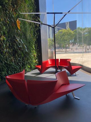 Bespoke red furniture at Antares tower by Odile Decq in Barcelona
