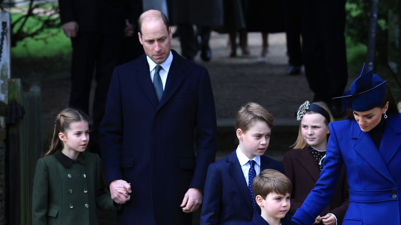 Princess Charlotte, Prince William, Prince of Wales, Prince George, Prince Louis, Mia Tindall and Catherine, Princess of Wales attend the Christmas Morning Service at Sandringham Church on December 25, 2023 in Sandringham, Norfolk.