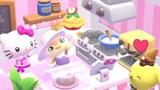 A screenshot of players cooking in the upcoming Switch game, Hello Kitty Island Adventure.