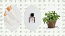 A comp image of the best cheap christmas gifts for woman&home's guide. The gifts include a pair of cream knit socks, a Zara perfume and a fittonia white house plant