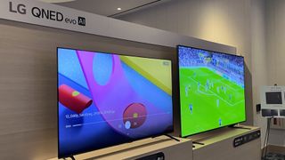 LG QNED evo TVs showing colorful images onscreen