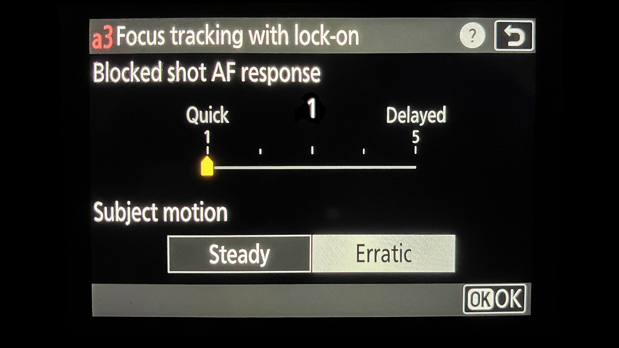 Nikon Z8 screenshot of Focus tracking with lock-on menu