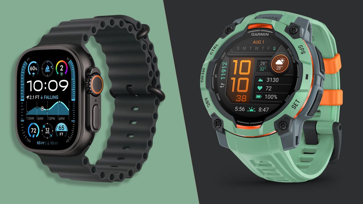 Garmin Instinct 3 next to the Apple Watch Ultra 2