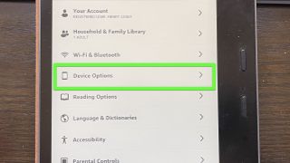 A Kindle Oasis with "Device Options" highlighted