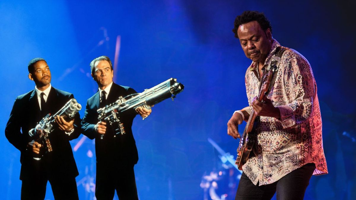 Will Smith and Tommy Lee aiming their weapons in a scene from Men in Black. Freddie Washington performs at Bass Player Live. 