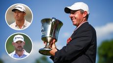 Rory McIlroy poses with the Wells Fargo trophy, Collin Morikawa and Brian Harman look on