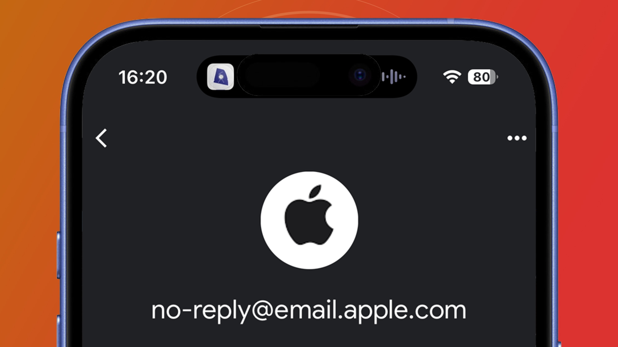 An iPhone on a red background showing a genuine email from Apple