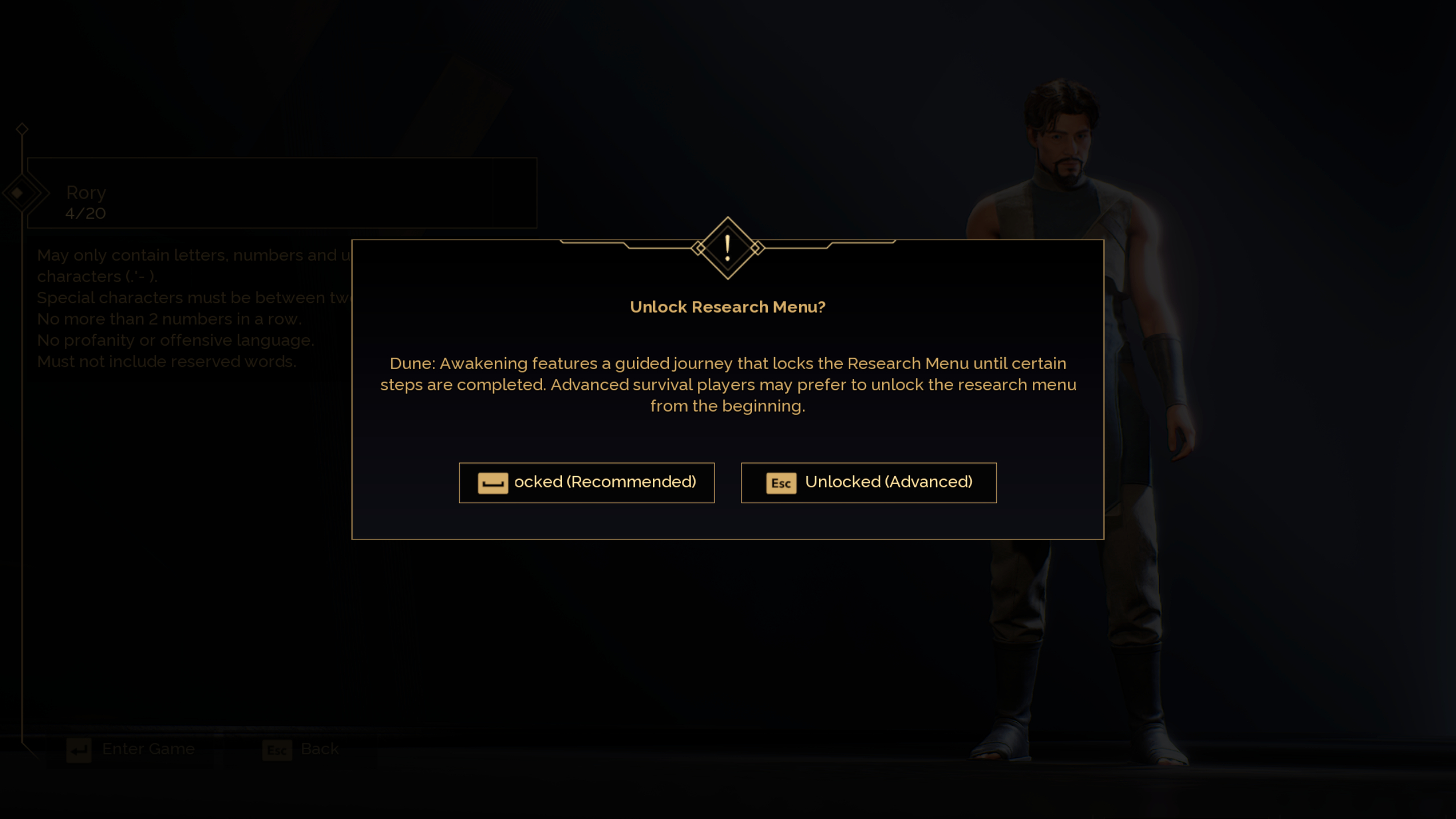 Dune: Awakening research menu unlocked - The research menu prompt with two available options to pick from.