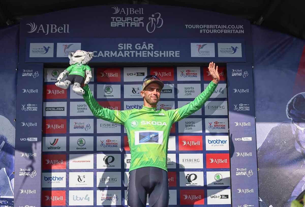 Picture by SWpix.com - 07/09/2021 - Cycling - AJ Bell Tour of Britain Stage 3 - Carmarthenshire Team Time Trial - Llandeilo to National Botanic Garden of Wales, Wales - Canyon dhb SunGod's Jacob Scott retains the Skoda King of the Mountains jersey.