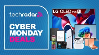 Collage of products from the Cyber Monday sales including LG TV, Dell laptop, PS5, Samsung smartphone, AirPods and GoPro