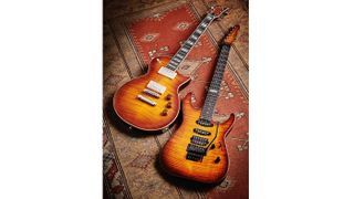 Eclipse, top, and M-III electrics, both in Tea Sunburst finish, from ESP’s elite USA workshop