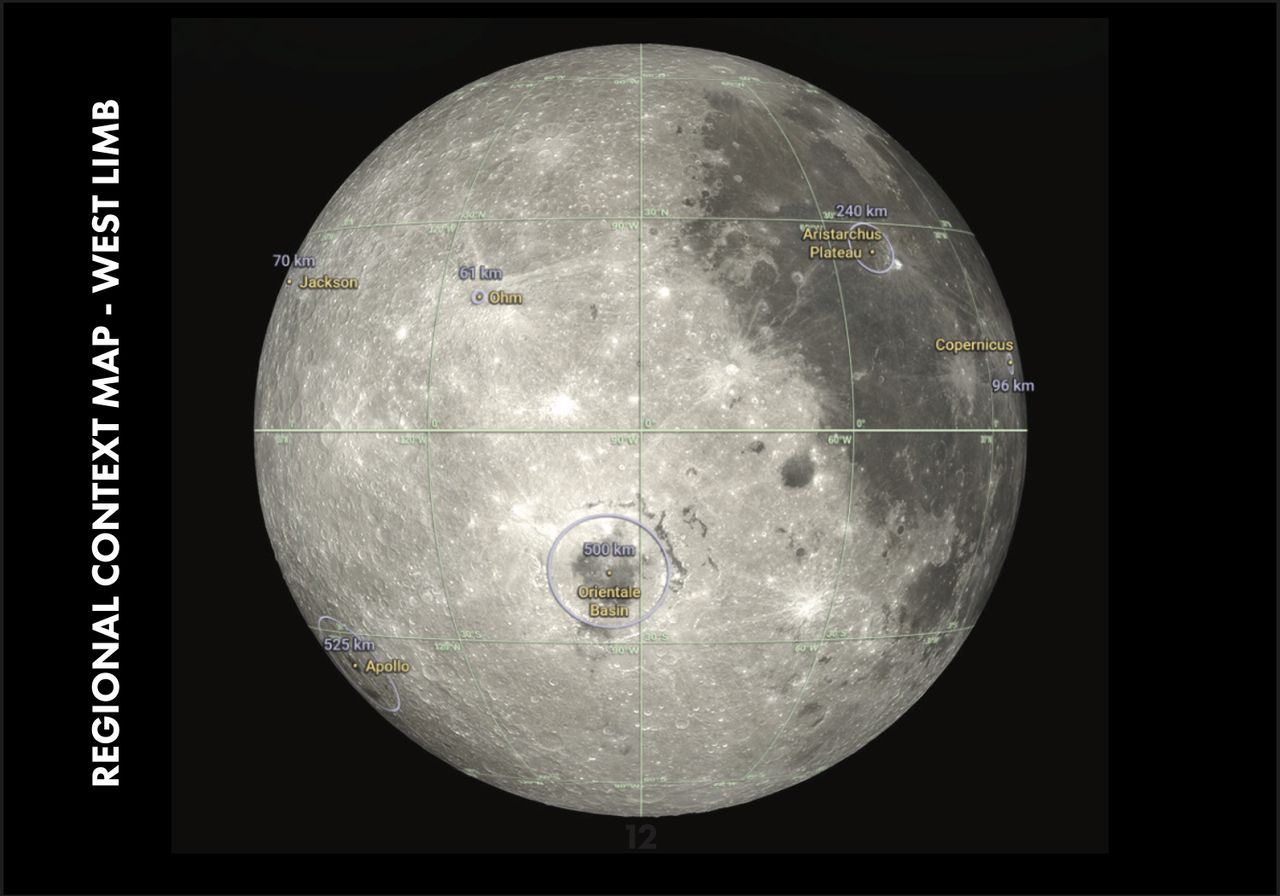 Artemis 2 Lunar Science Passport regional context map, west limb.