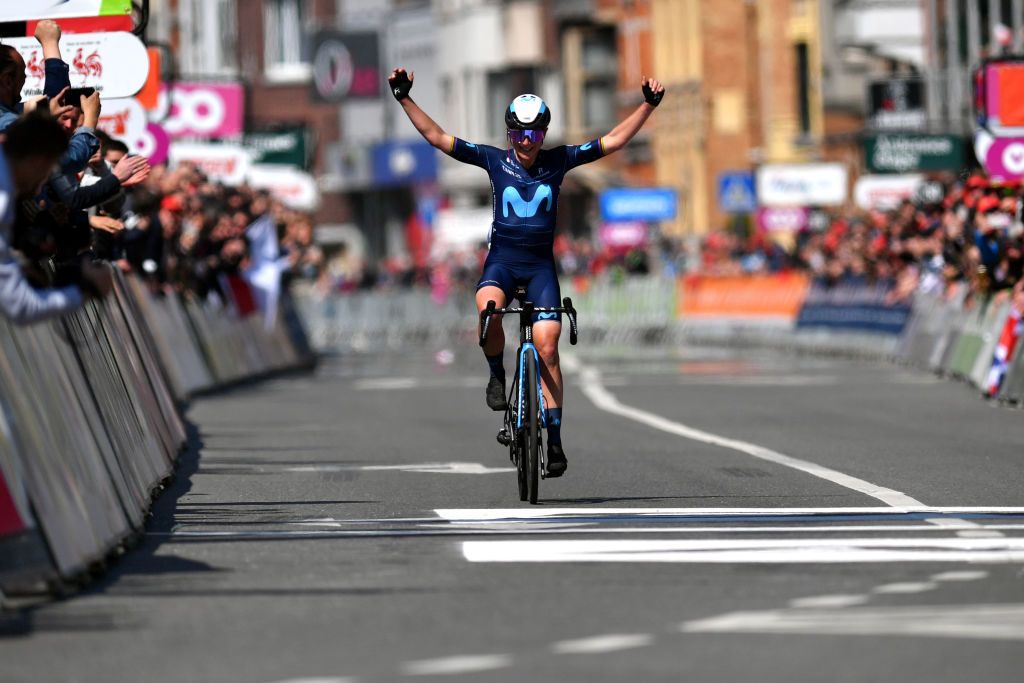 LIEGE BELGIUM APRIL 24 Annemiek Van Vleuten of Netherlands and Movistar Team Women celebrates at finish line as race winner during the 6th Liege Bastogne Liege 2022 Femmes a 1421km one day race from Bastogne to Lige LBL LBLwomen UCIWWT on April 24 2022 in Liege Belgium Photo by Luc ClaessenGetty Images