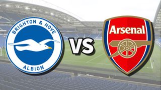 The Brighton & Hove Albion and Arsenal club badges on top of a photo of The Amex Stadium in Brighton, England