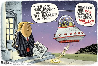 Political cartoon U.S. Trump UFO research build a wall