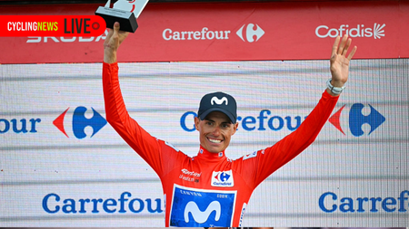 Enric Mas (Movistar) wears the red jersey during the 2026 Vuelta a Espa&ntilde;a. (Photo by JORGE GUERRERO / AFP via Getty Images)