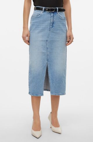 Veri Slit Front Denim Midi Skirt