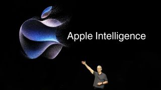Tim Cook on stage gesturing to an Apple logo beside the phrase "Apple Intelligence"
