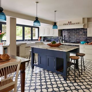 kitchen with classic blue and white cabinets