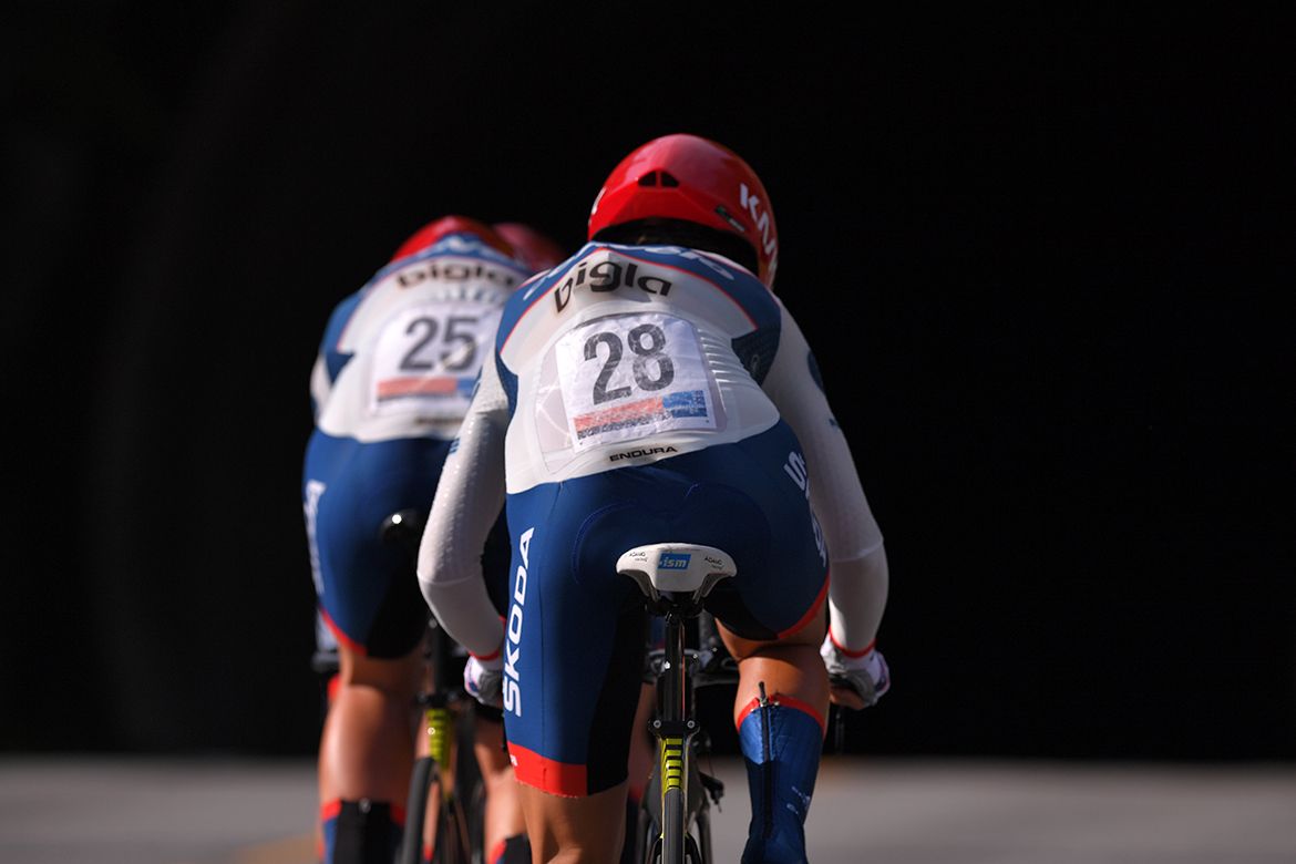 Ashleigh Moolman-Pasio on the back of the Cervelo Bigla train