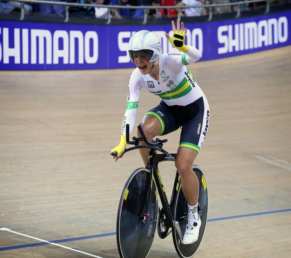 Rebecca Wiasak (AUS) crosses the line for her individual pursuit win.