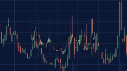 closeup of stock chart on a screen with red and green bars showing choppy price action