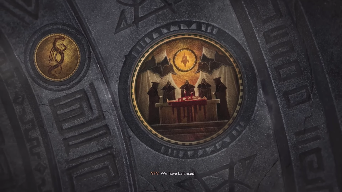 The Veilguard post-credits scene - Shadowy figures standing around a bloody body with the caption "We have balanced"