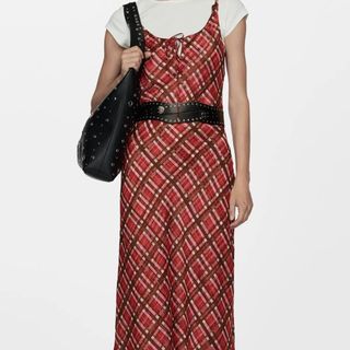 Mango Check Tie Neck Midi Dress