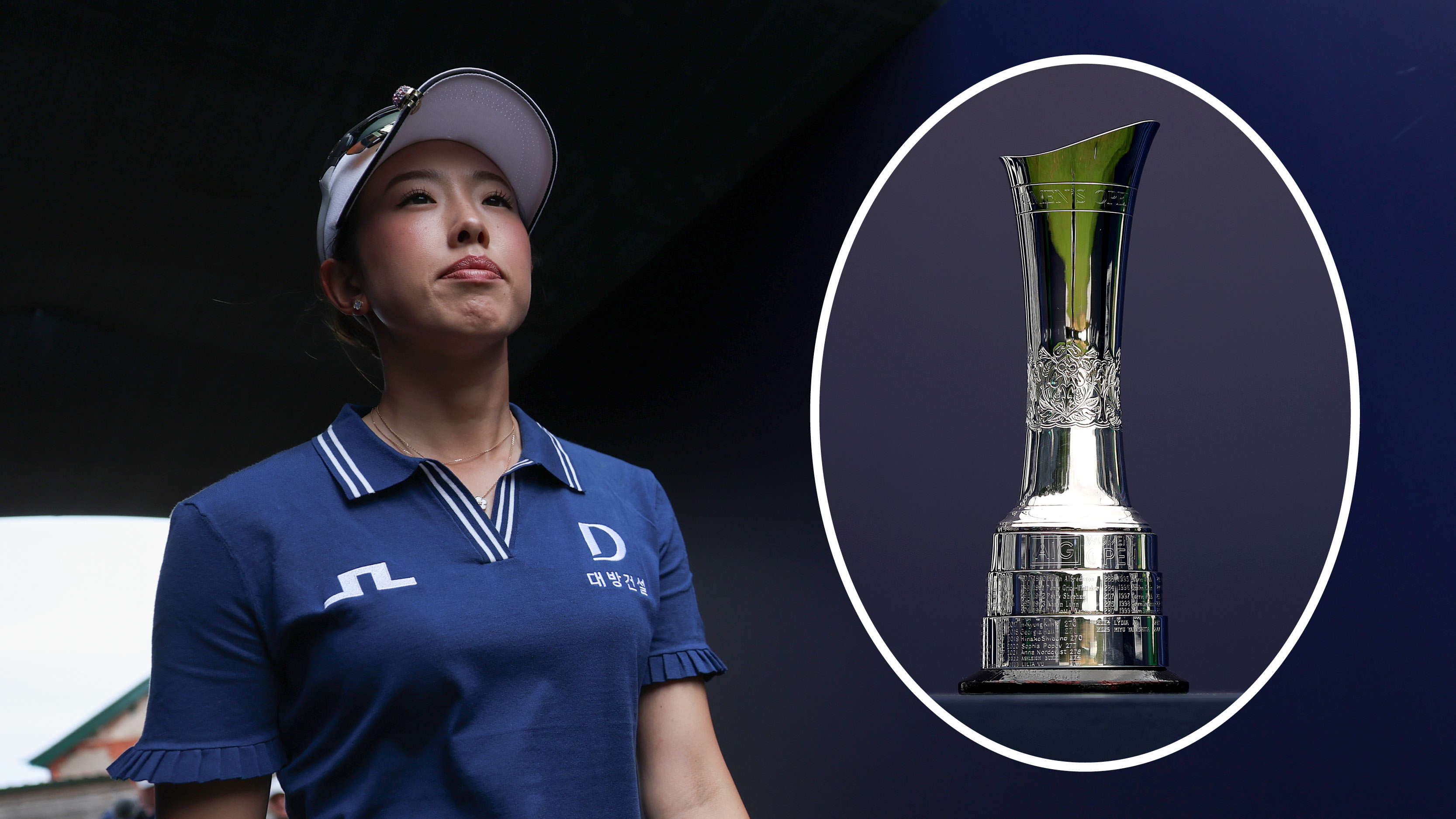 Yealimi Noh (left) walks through a tunnel to the first tee at the 2026 AIG Women's Open with a general shot of the AIG Women's Open trophy (right - inset)
