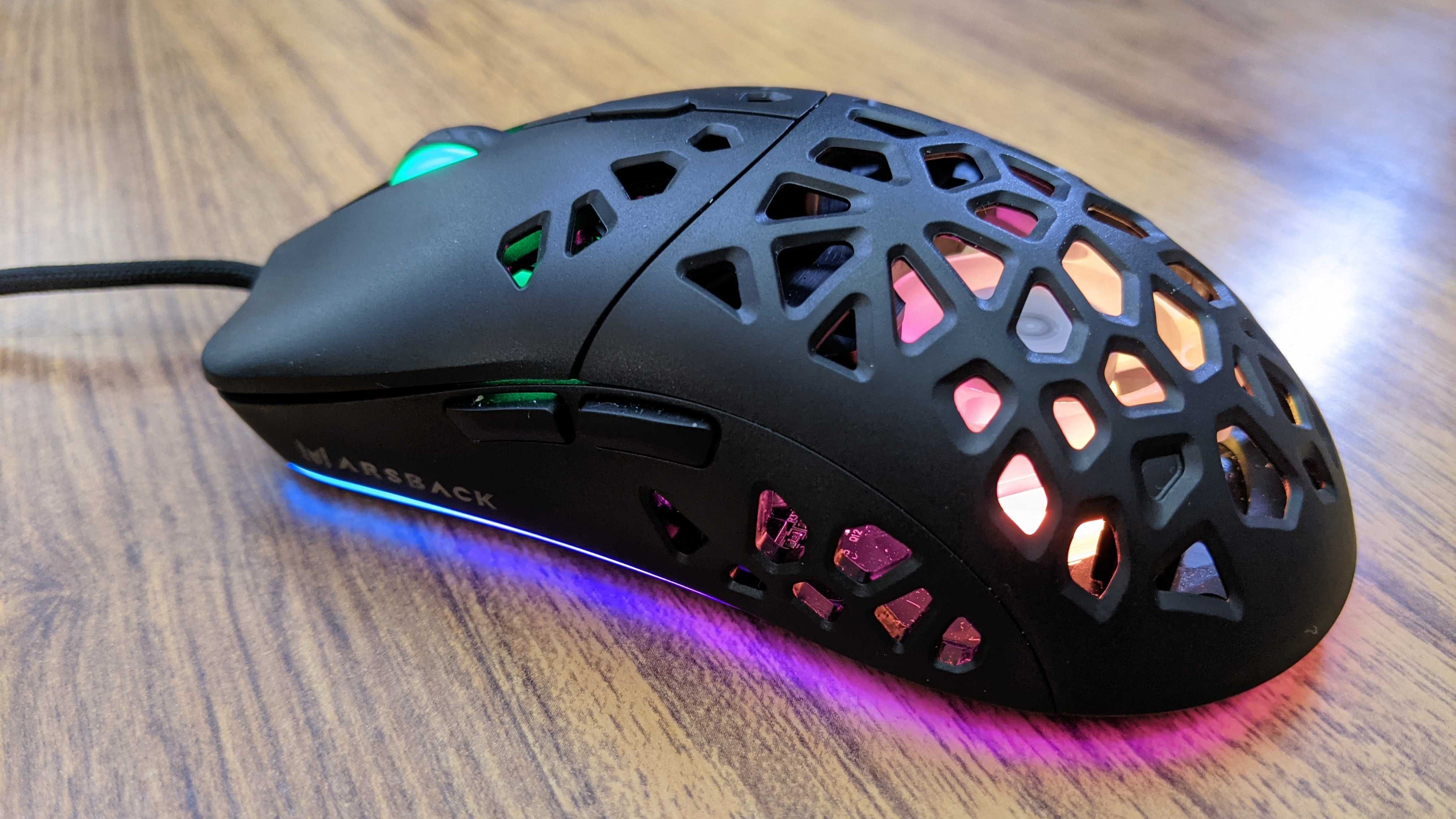 The Marsback Zephyr Pro gaming mouse from the side - the two buttons side buttons are shown off next to RGB lighting