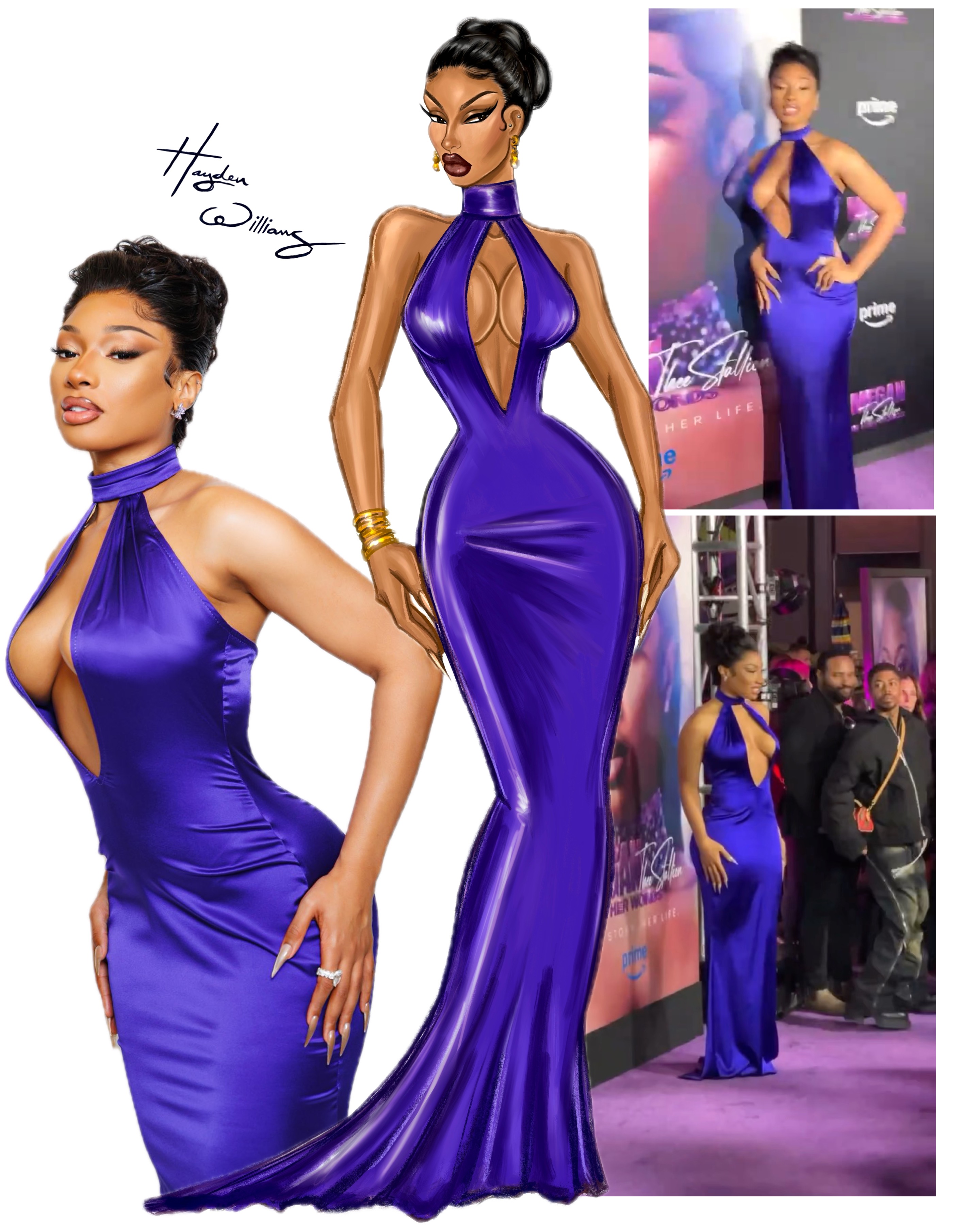 Hayden Williams interview; a woman in a blue dress, next to her is the fashion illustration of the dress