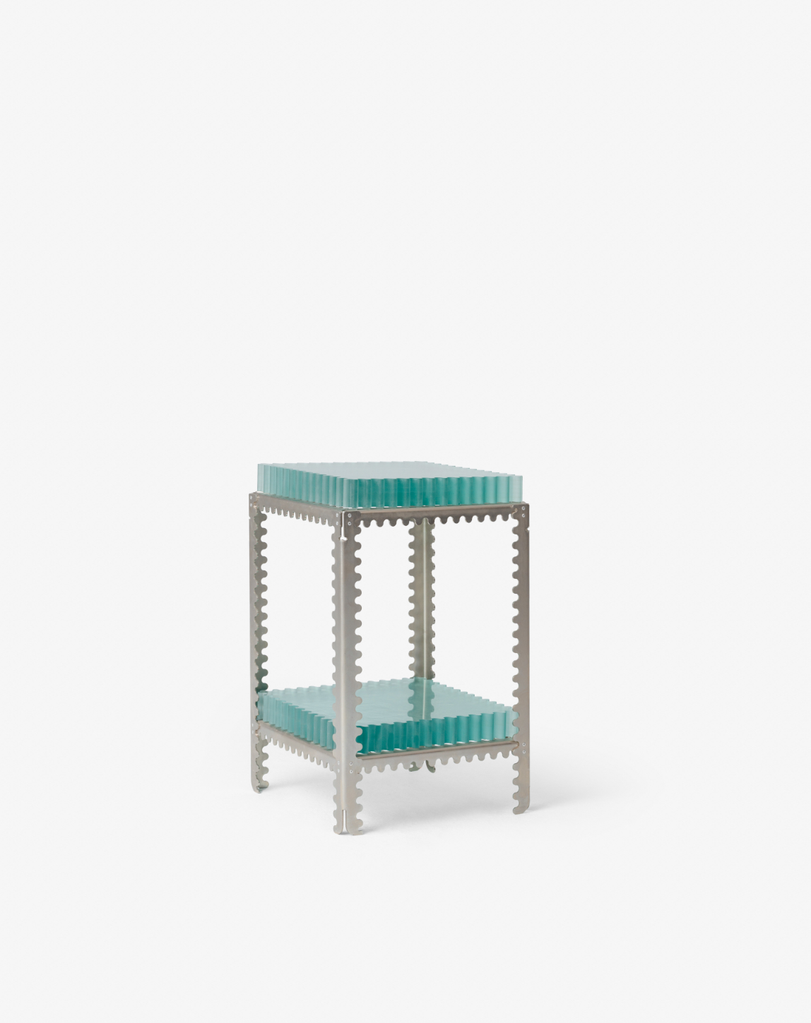 Side table with metal frame and blue top